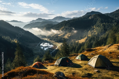 View of morning mist and sun rise. Many camping tents in mountain forest and morning mist. Camping with tent on winter.