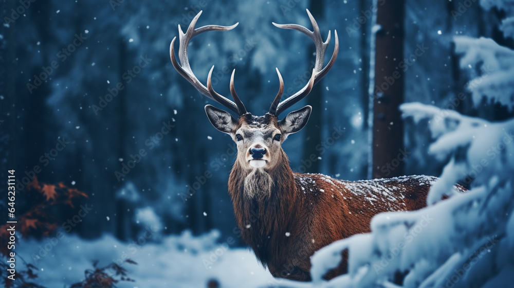 a red deer standing in the woods in the snow, stag in the snow in winter landscape,  - obrazy, fototapety, plakaty 