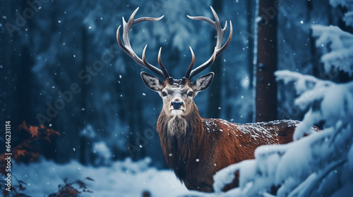 a red deer standing in the woods in the snow, stag in the snow in winter landscape,  photo
