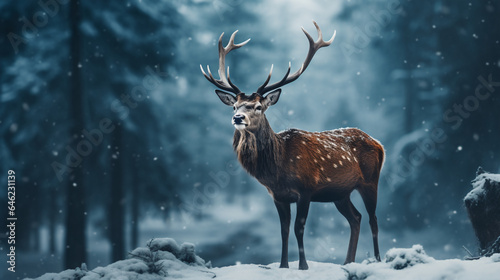 a red deer standing in the woods in the snow, stag in the snow in winter landscape,  © Tkz26 Graphics