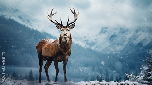 a red deer standing in the woods in the snow  stag in the snow in winter landscape  