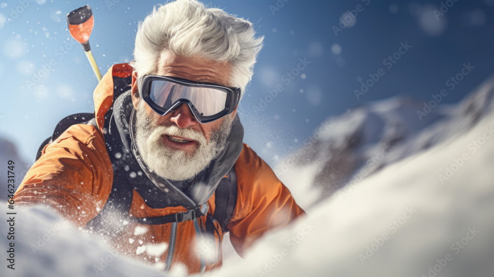 A silver-haired skier gliding down a snowy slope,  a portrait of winter adventure