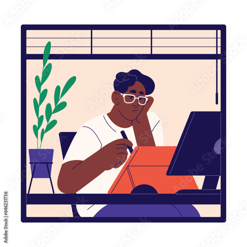Young black man illustrator work at home office. Freelance designer drawing on tablet, laptop, computer. Pensive worker in online business, employee at digital design. Flat vector illustration