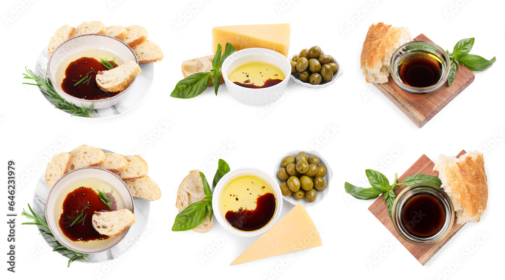 Balsamic vinegar with oil and bread on white background, collage of top and side views Balsamic vinegar with oil and bread on white background, collage of top and side views