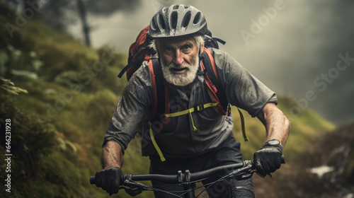 An elderly mountain biker conquering rugged trails with determination and skill
