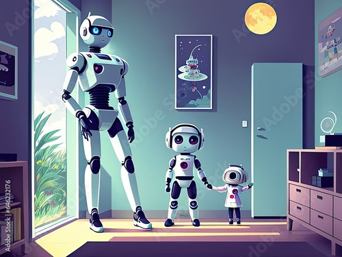 Robot family at home. Generative Ai photo