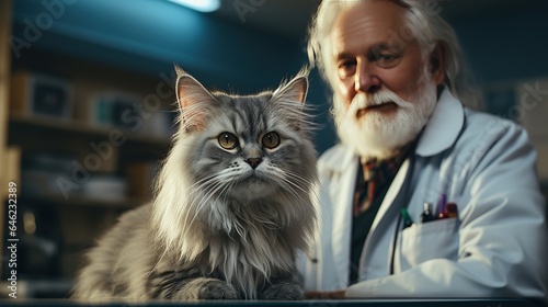 The grey fuffy cat sit in a veterinary office on a couch with veterinarian doctor photo