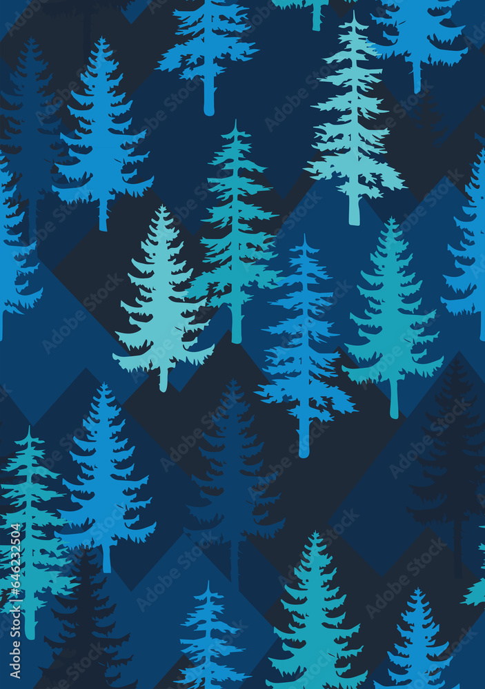 Fototapeta premium Xmas tree spruce pine fir minimalistic linear sketchy drawing seamless pattern. Vintage Winter forest background. Merry Christmas Happy New Year Holiday season print for gift wrapping paper.