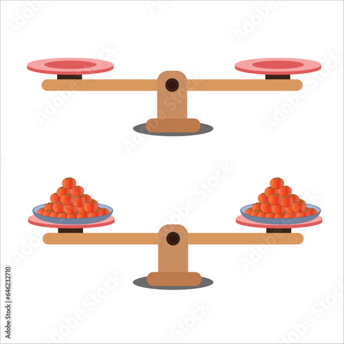 Comparison of weight in a cartoon minimal style, showing an unbalanced situation with balancing on a seesaw. Vector illustration.