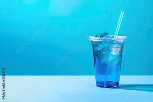 Blue drink in a plastic cup isolated on a blue background. Take away drinks concept with copy space