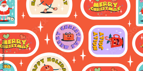 Groovy Christmas sticker pattern with funny comic characters. Seamless pattern retro cartoon for holiday. Sticker groovy with snata, ball character. Vector illustartion