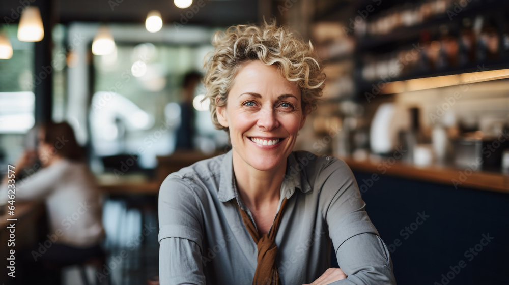 Mature woman smiling at a Cafe Mature woman smiling at a Cafe