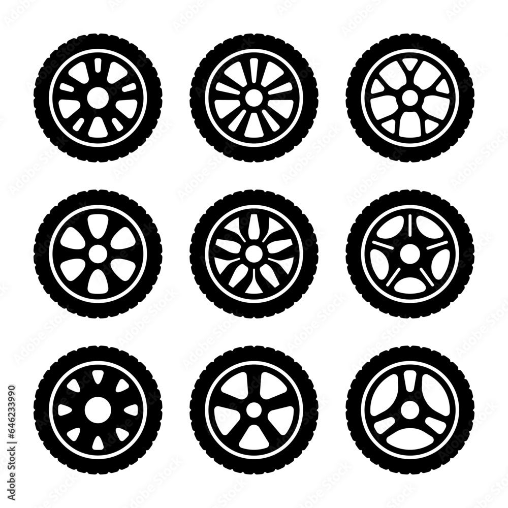 Black rubber wheel tire Icon set. Car wheel isolated illustration.