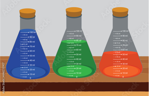 Glass laboratory chemical measuring flasks. with colorful liquids in realistic vector illustration set. Lab glassware and containers with chemicals. Scientific or medical equipment. Erlenmeyer flask.