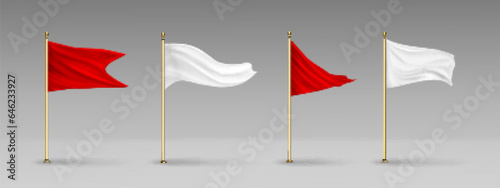 White 3d empty pole flag vector mockup template. Isolated realistic fabric stand with wave wind and gold metal pillar for sport promo and advertising illustration. Red pennant canvas waving on stick