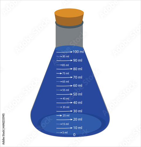 Glass laboratory chemical measuring flasks. with colorful liquids in realistic vector illustration set. Lab glassware and containers with chemicals. Scientific or medical equipment. Erlenmeyer flask.