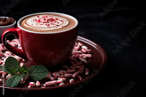 Peppermint mocha, close-up of mint seasonal drink of chocolate and coffee in a red mug