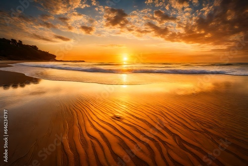 The sun setting over a calm beach, casting a warm, golden glow on the sand and water. 4k HD Ultra High quality photo. 