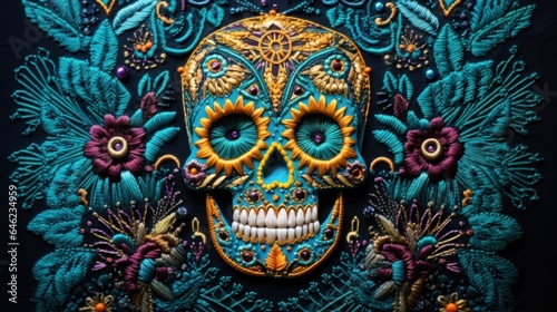 Mexican sugar skull on black background. Day of the Dead. © vlntn