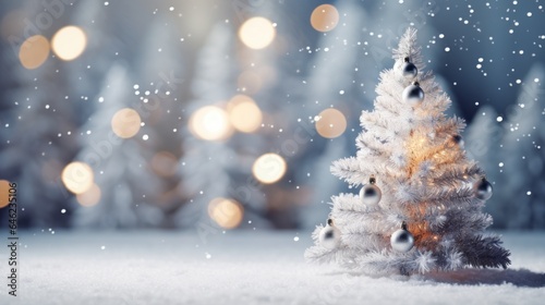 Christmas tree in the snow with bokeh background.