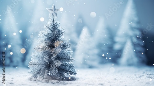 Christmas tree in the snow with bokeh background. © vlntn