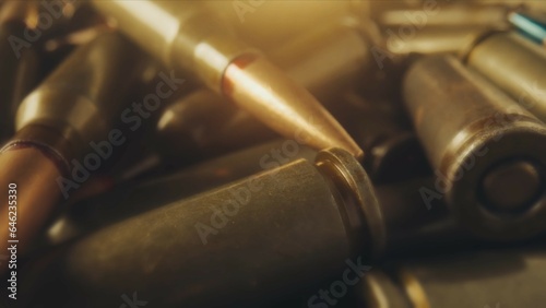 Bullet shells close up. Cartridges for rifle and carbine. Concept on the theme of war, resistance and crisis.
