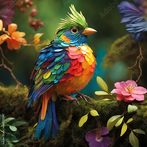 A colorful bird sits on a branch in the forest.ai generated