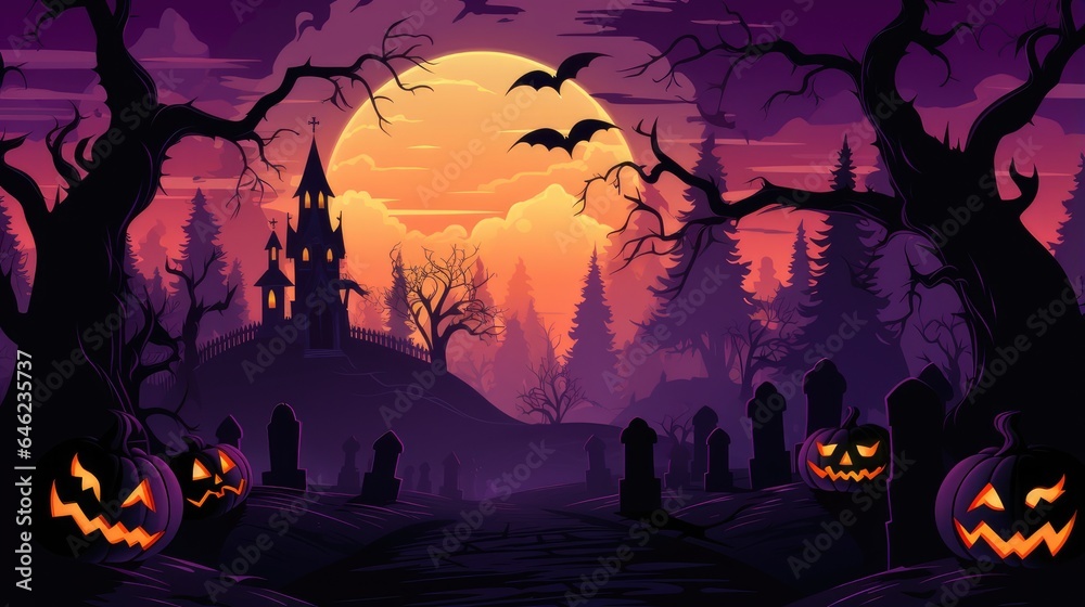 halloween pumpkins in moonlight forest. full moon halloween night scene