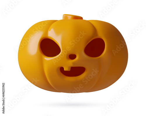 Halloween pumpkin 3d icon. Funny baby jack lantern evil smiling face. Three dimensional glossy plastic festive design element on white background. Vector illustration.