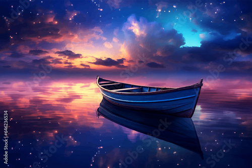 Lonely empty boat in the middle of the sea. Small fishing boat in the ocean. Beautiful Night Seascape with wooden boat. Landscape with a lake and a starry sky. Sky with stars. Boat on the water. Art