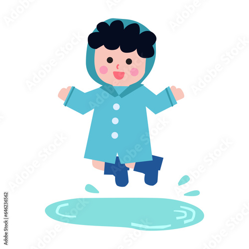 Boy jumping on puddle flat illustration
