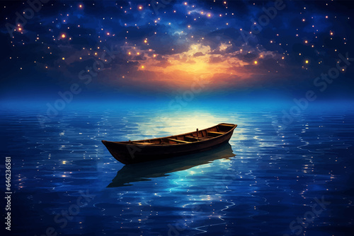 Lonely empty boat in the middle of the sea. Small fishing boat in the ocean. Beautiful Night Seascape with wooden boat. Landscape with a lake and a starry sky. Sky with stars. Boat on the water. Art