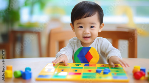 Cute Asian baby playing educational colorful games at the table