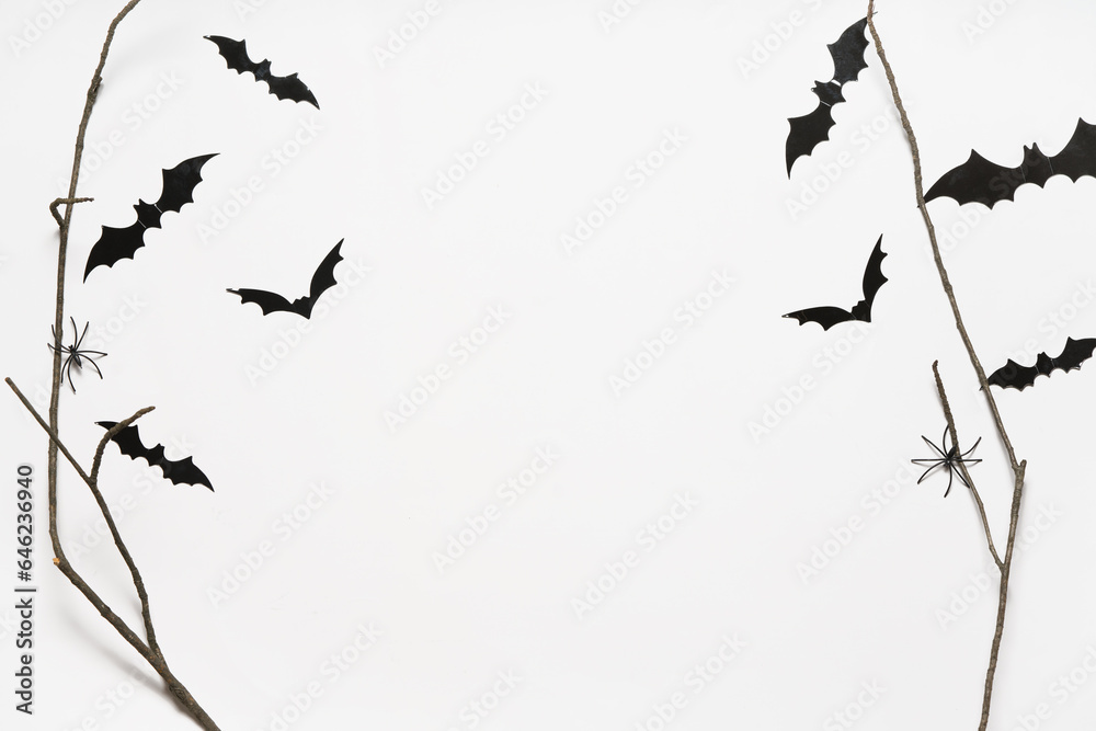 Halloween and decoration concept. Black bats flying over tree, white background. Horror concept. Banner. Copy space for text