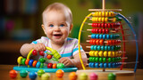 Cute baby playing educational colorful games at the table