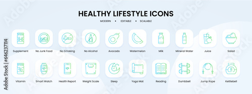 Healthy lifestyle icon collection with blue and green gradient outline style. lifestyle, healthy, diet, fitness, health, food, exercise. Vector illustration