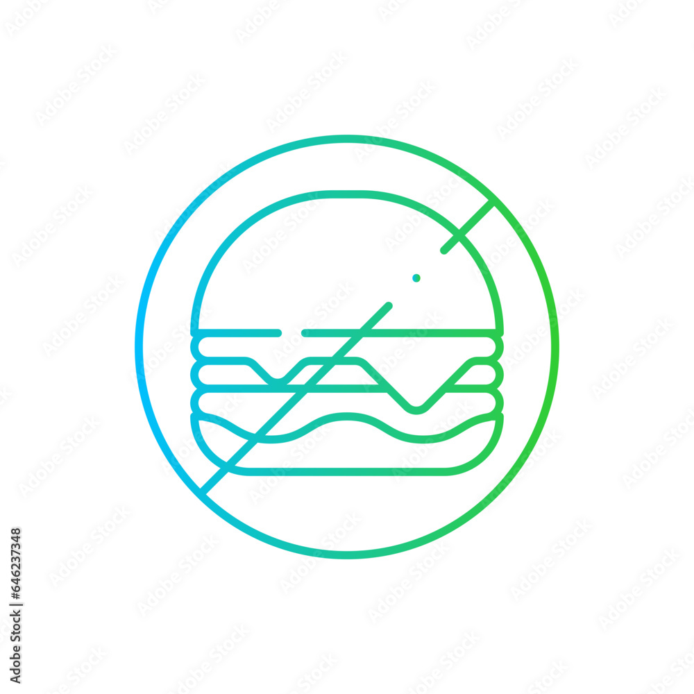 No junk food healthy lifestyle icon with blue and green gradient outline. food, no, stop, meal, junk, unhealthy, diet, fat. Vector illustration No junk food healthy lifestyle icon with blue and green gradient outline. food, no, stop, meal, junk, unhealthy, diet, fat. Vector illustration