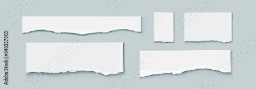 Torn paper strips set isolated on background. Vector realistic illustration of ripped white sheet edges, blank reminder notice layout, pieces of used notebook page, waste material for recycling