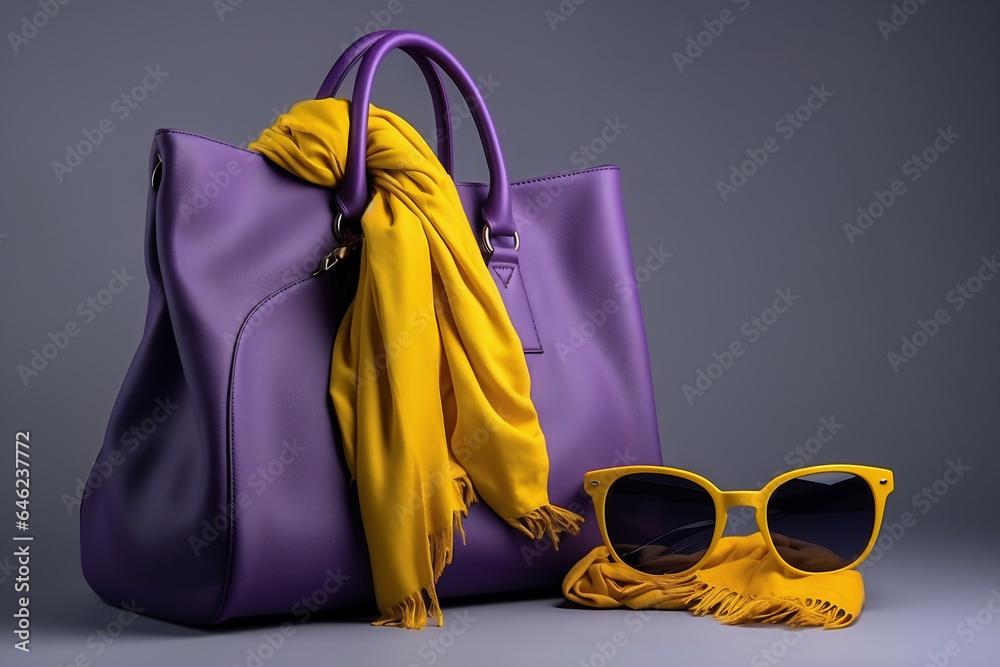 Naklejka premium Women's bag and neckerchief. Fashionable women's things and accessories. Stylish purple women's bag and yellow cravats. Elegant women's clothes.