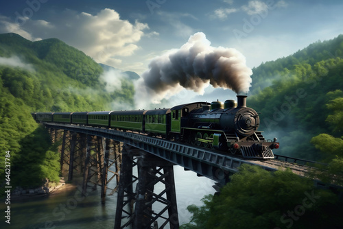 A painting of a train on a train track. The steam locomotive moves along the bridge over the arm at high altitude along the railroad tracks. Puffs of smoke from the chimney of a retro train.