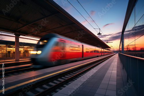 A train traveling past a train station. Blur effect from a fast moving train.Selective focus. High-speed transport.