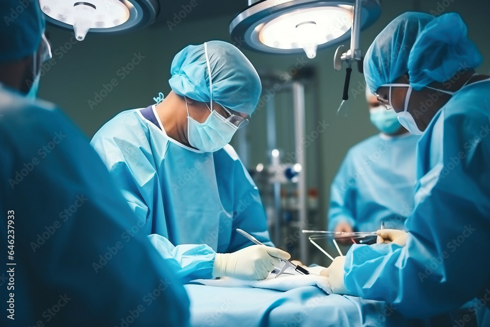 Photo of surgeons performing a complex surgery in a modern operating room. A group of surgeons performing surgery on a patient. Photo of surgeons performing a complex surgery in a modern operating room. A group of surgeons performing surgery on a patient.