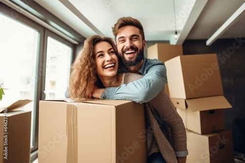 Young happy married couple in their new home after moving in. Unpacking boxes after moving into a new apartment. New homeowners. Mortgage. Rental of property. © Anoo