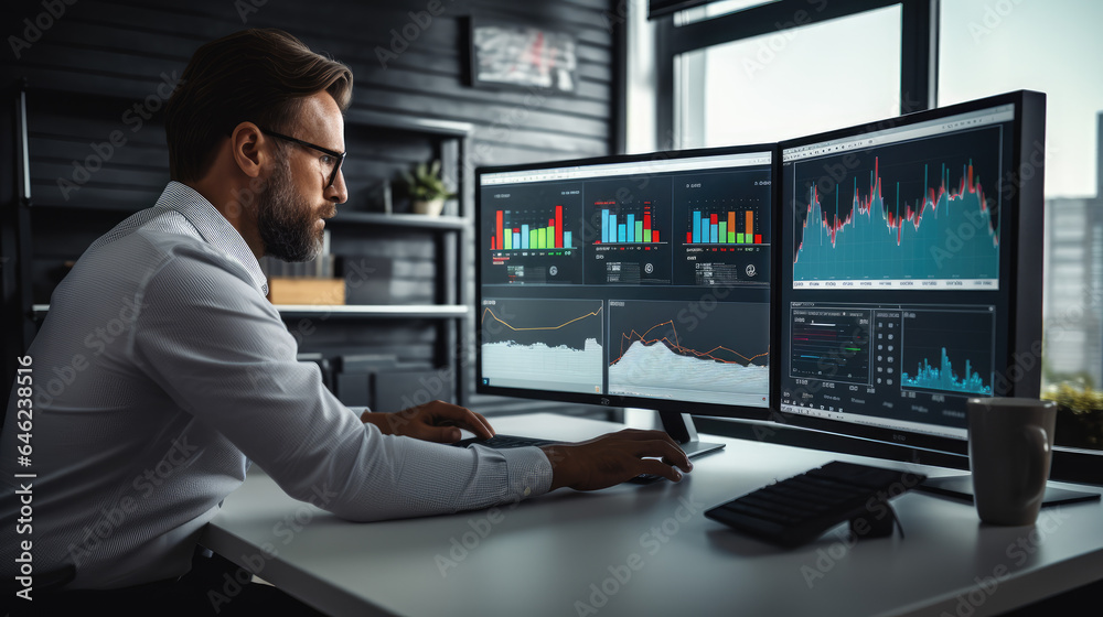 An analyst uses a computer and dashboard for data business analysis and Data Management System with KPI and metrics connected to the database for technology finance, operations, sales,  Generative