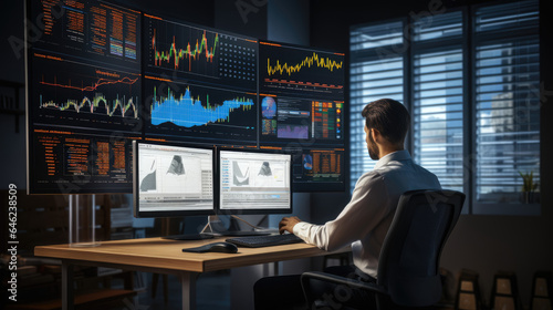 An analyst uses a computer and dashboard for data business analysis and Data Management System with KPI and metrics connected to the database for technology finance, operations, sales,  Generative © Nakron