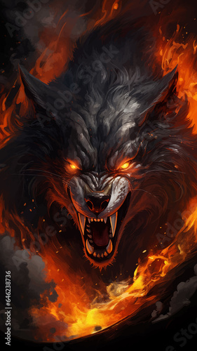 Angry Wolf howling in fire with flames and flames. Roaring wolf. Wolf with fire on a black. Wolf head. Wild animal. Dangerous animal. Anger. Rage. Colorful fiery background. Red glowing eyes. Vector