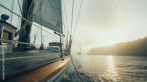 Wooden deck of sailing yacht in the sea.