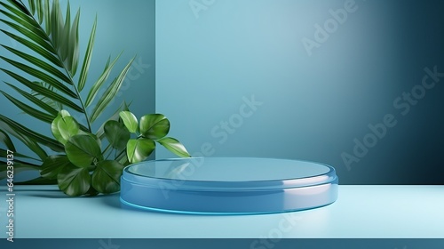 Modern background products minimal podium scene for IT in glass style material blue color.