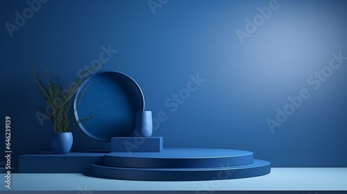 Background products minimal podium scene with Christmas decoration in bright dark blue color in cute style.