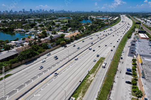 Hallandale Beach, Florida, USA - The I-95 highway going southbound, with Sunny Isles in the distance.